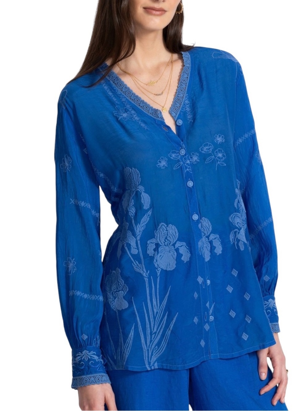 Johnny Was De Vries tunic embroidered button down size L excellent condition